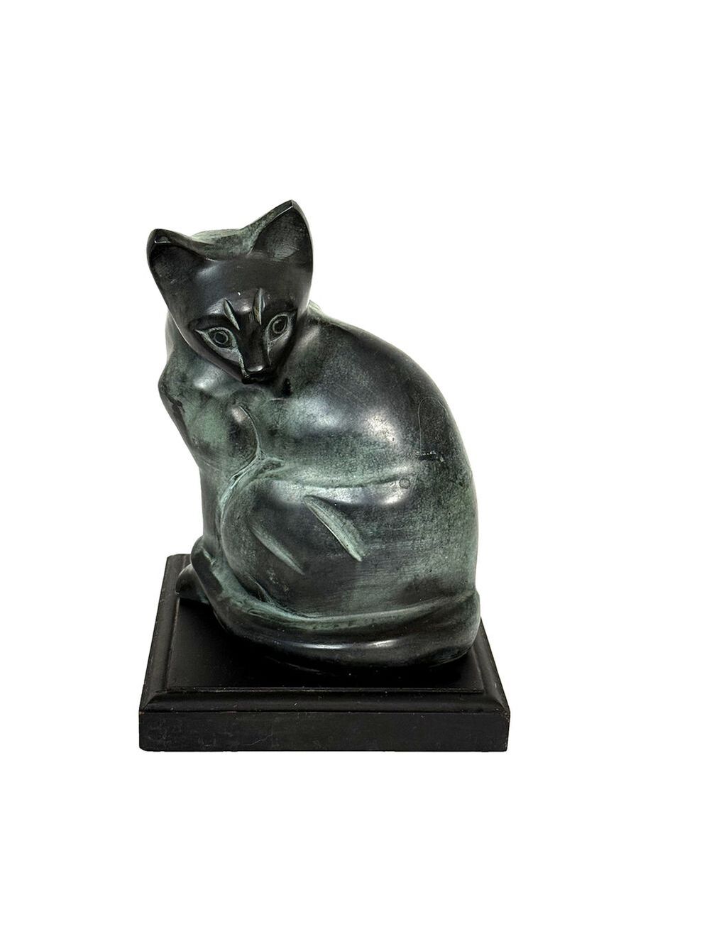 Vintage Metal Cat Sculpture on Wooden Platform